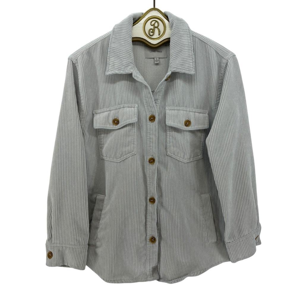 Love Tree Corduroy Shacket Light Grey Button Down Utility Jacket Women Small
